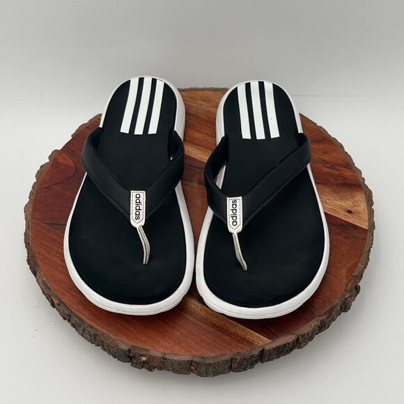 Adidas Shoes - Adidas Women's Comfort Flip Flop Black White 3-Stripe Thong Slides Sandals Sz 8